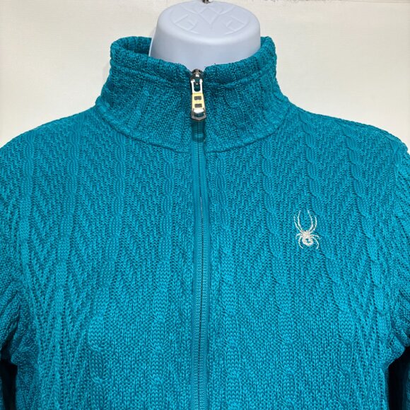 Spyder M Turquoise Blue Cable Core Full Zip Fitted Cardigan Sweater - Picture 2 of 5
